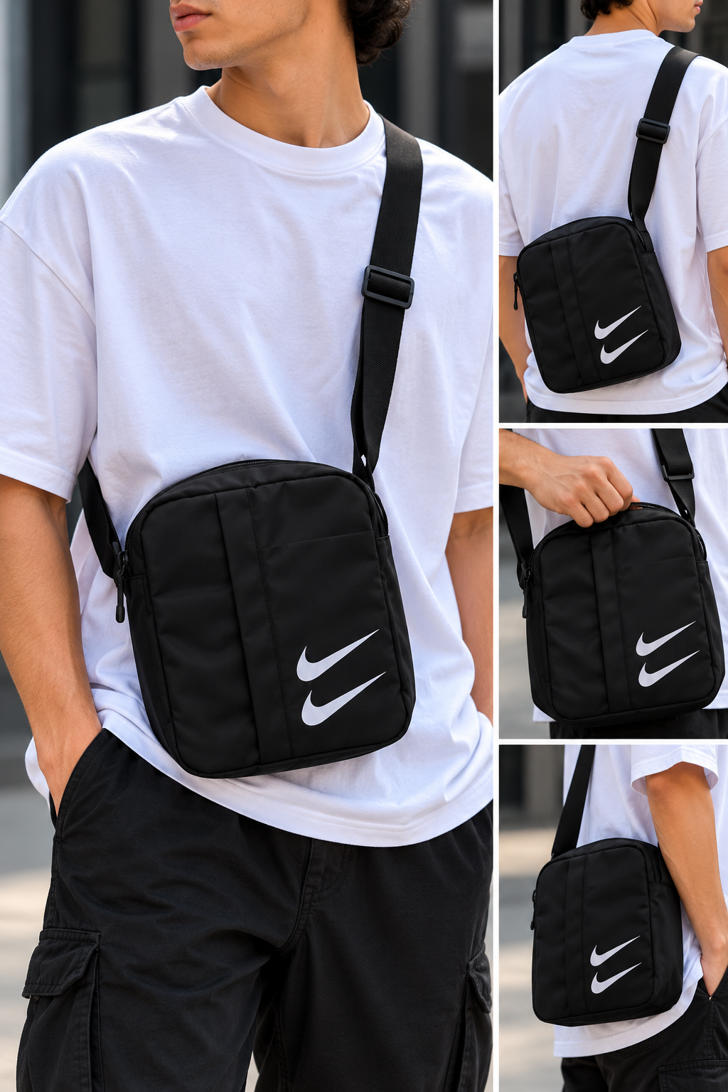 Black Double Swoosh Logo Crossbody Bag