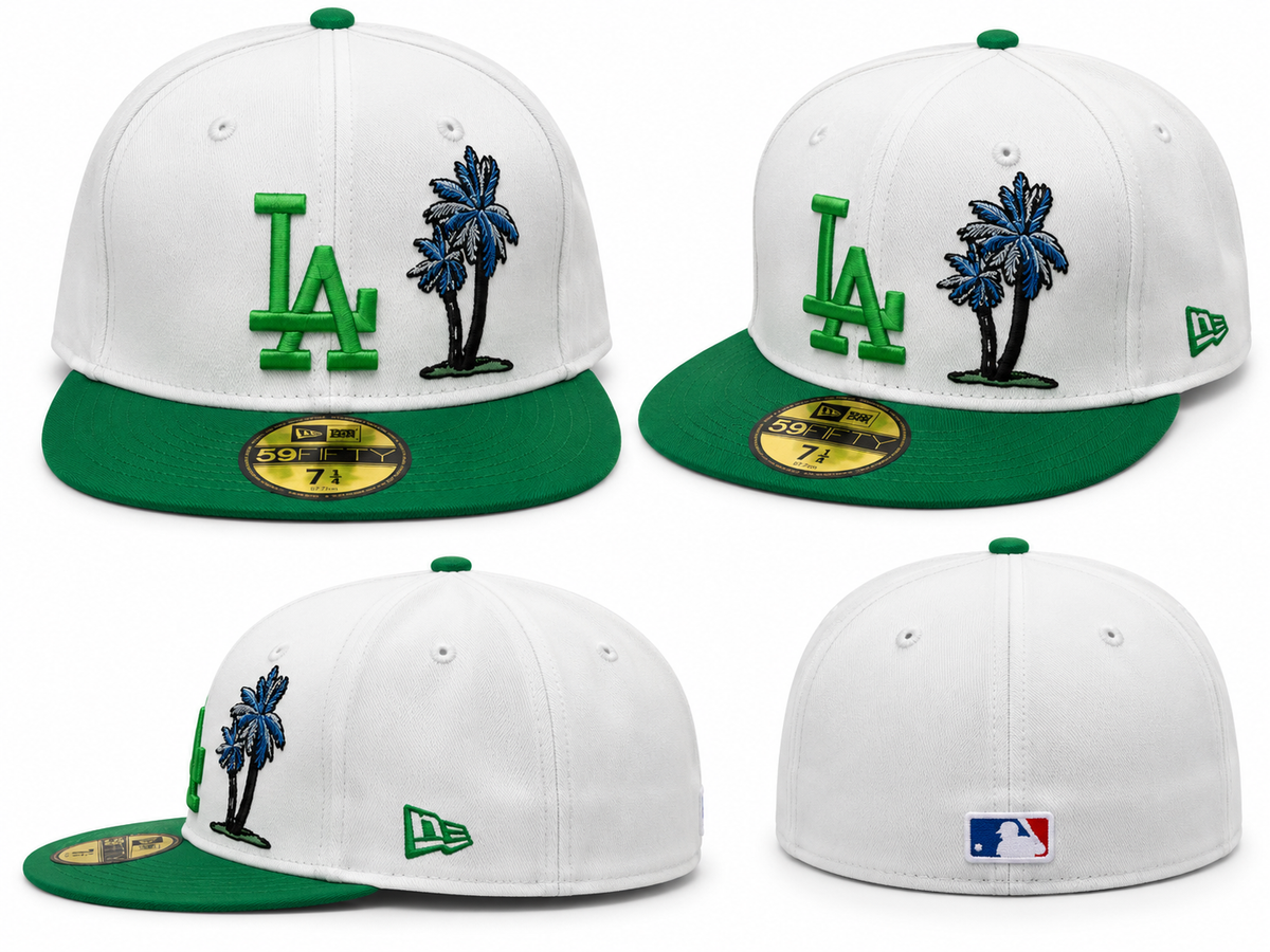 White and Green LA Palm Tree Flat Brim Cap|56.8cm Head Circumference.