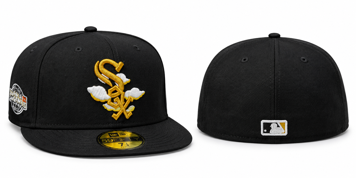 Black Sox Fitted Cap with Gold Logo & White Cloud Embroidery