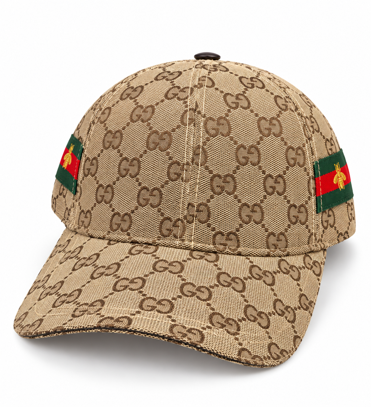 Beige Monogram Baseball Cap with Bee & Stripe Details