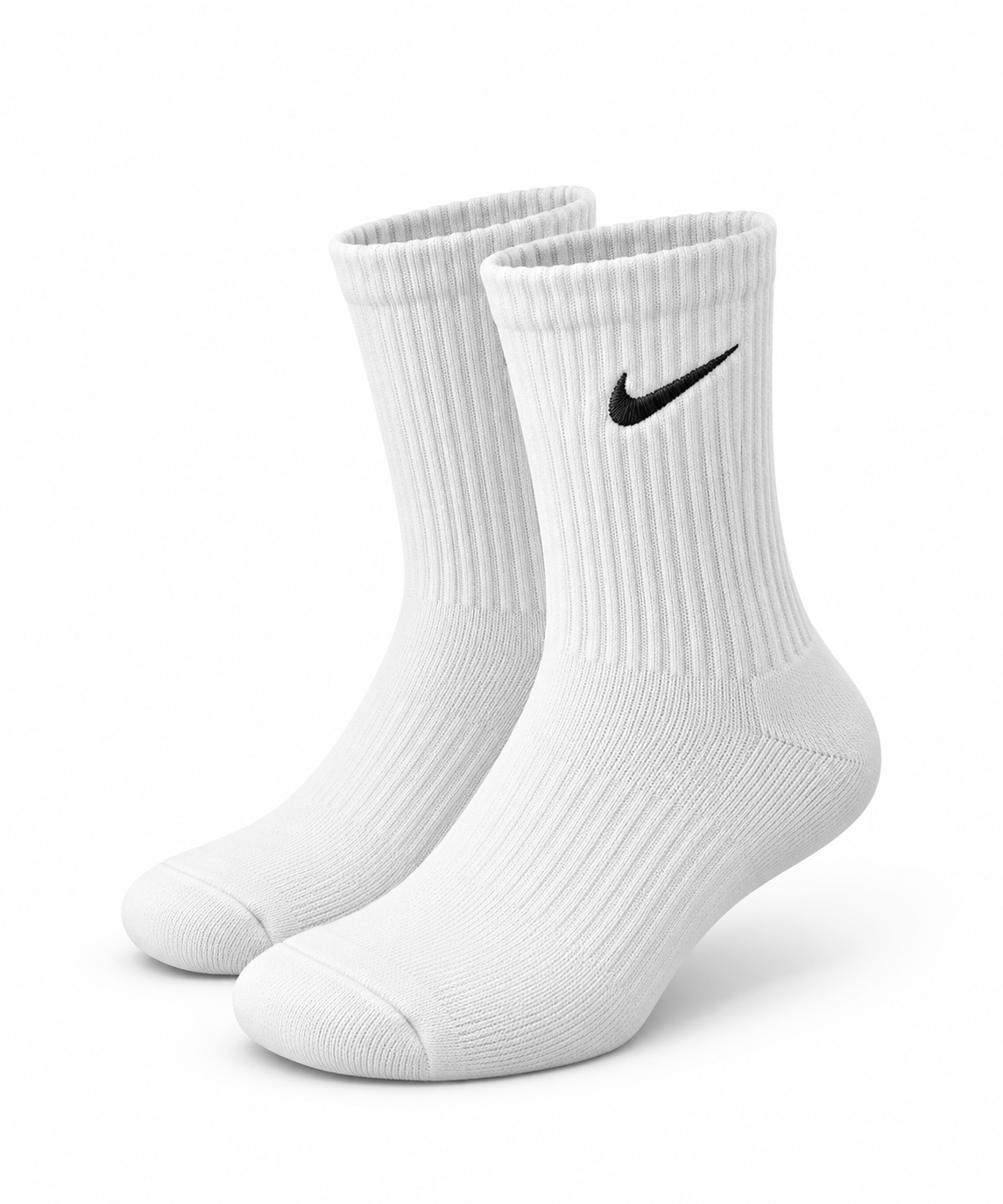 White Ribbed Crew Socks with Black Swoosh