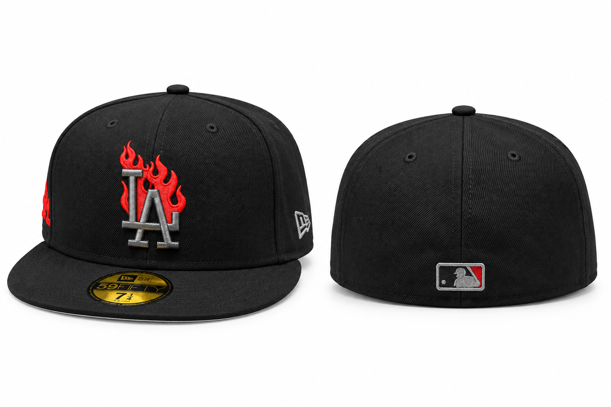 Black LA Flame Embroidered Fitted Cap