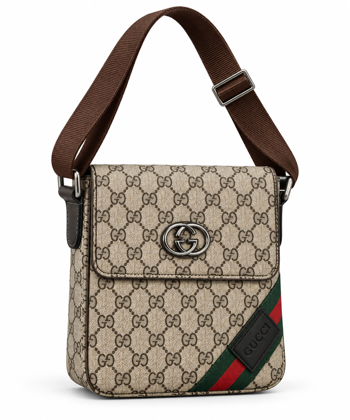 Beige Monogram Crossbody Bag with Green & Red Stripe