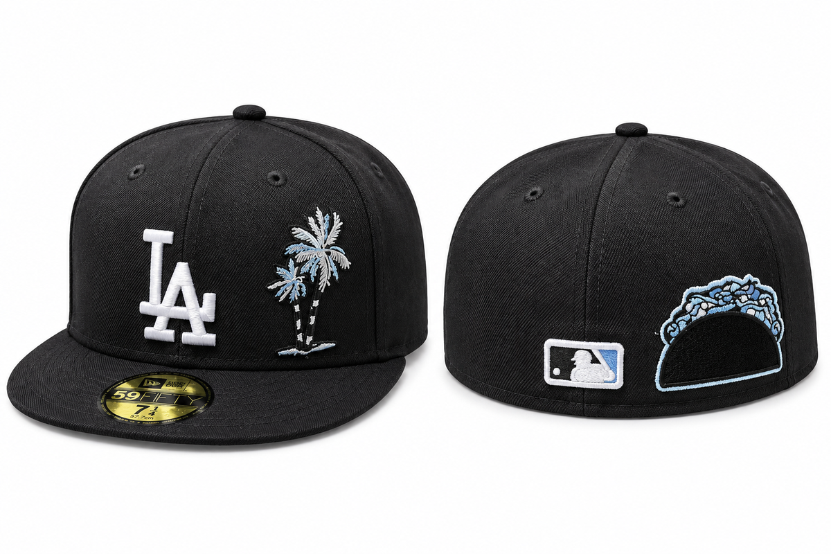Black LA Fitted Cap with Palm Tree Embroidery