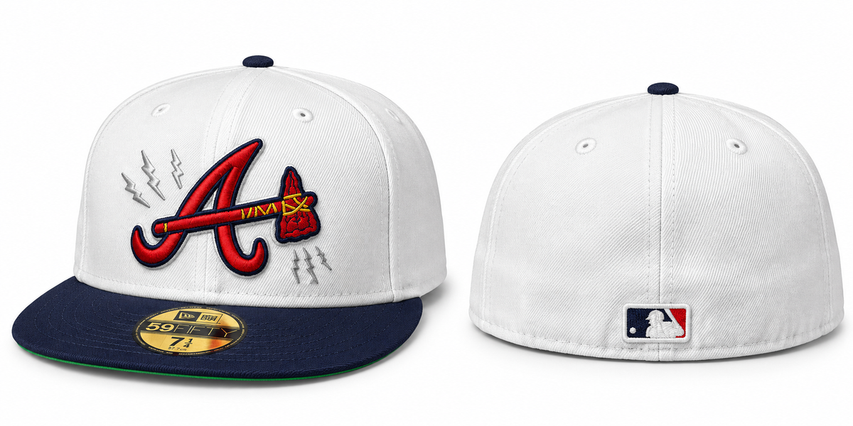 White & Navy Fitted Cap with Red A Embroidery