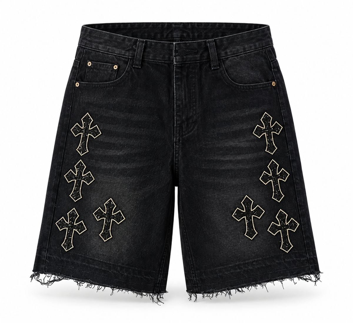 Washed Black Cross-Detail Denim Shorts
