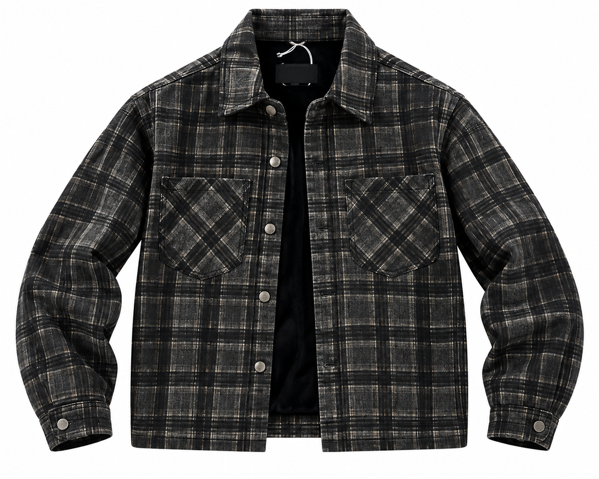Black and grey plaid button-up overshirt jacket with two chest flap pockets and button cuffs