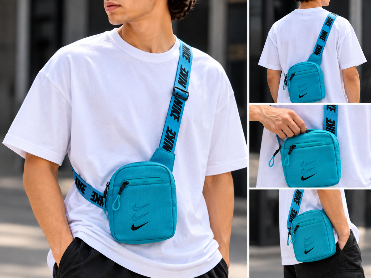 Turquoise crossbody bag with black NIKE-print strap, triple swoosh-shaped graphic and front zip pocket