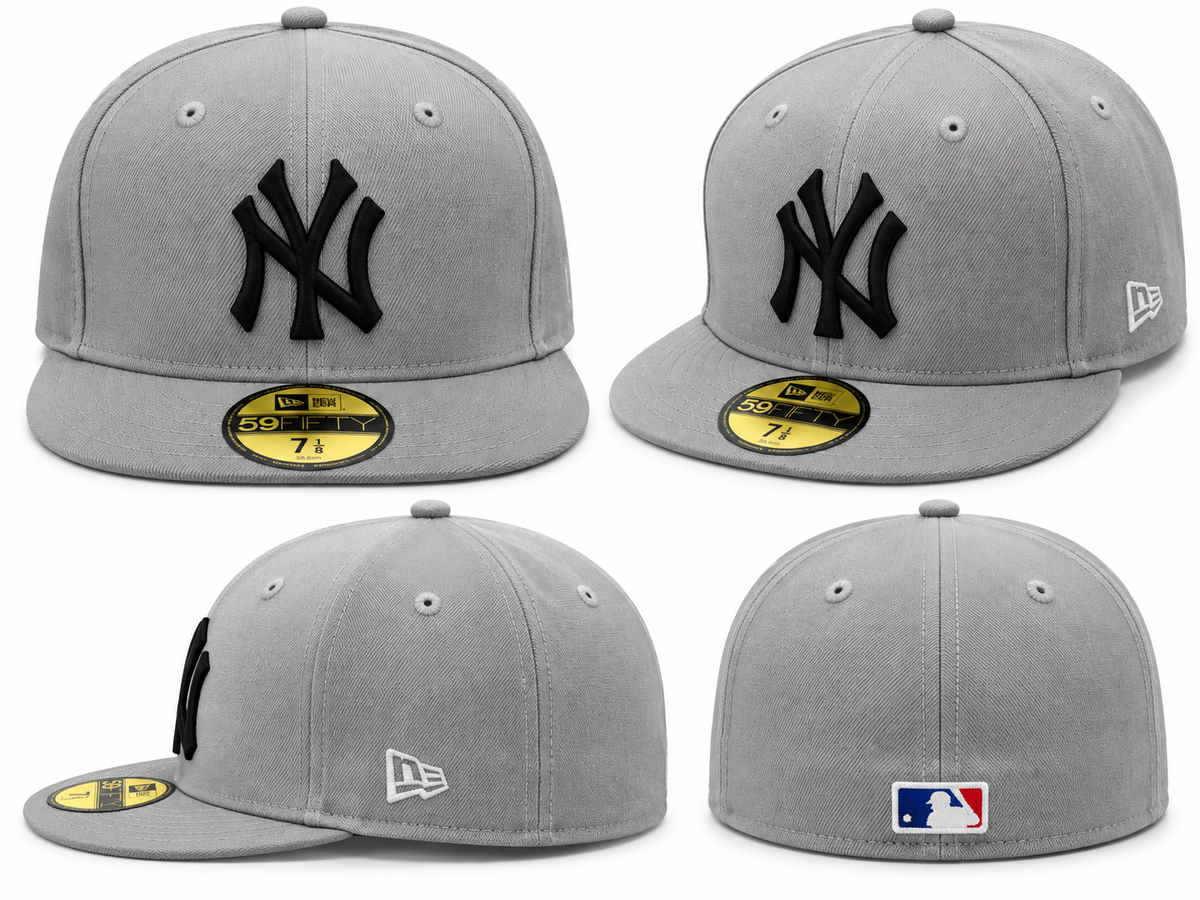 Four views of grey flat brim cap with raised black NY lettering and white side emblem
