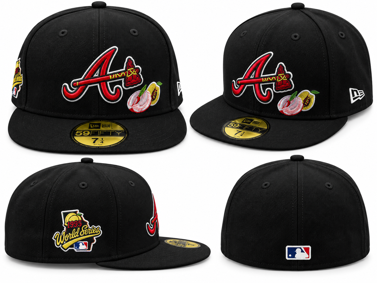 Four views of black flat brim cap with raised red A, colourful fruit-style embroidery and side patch
