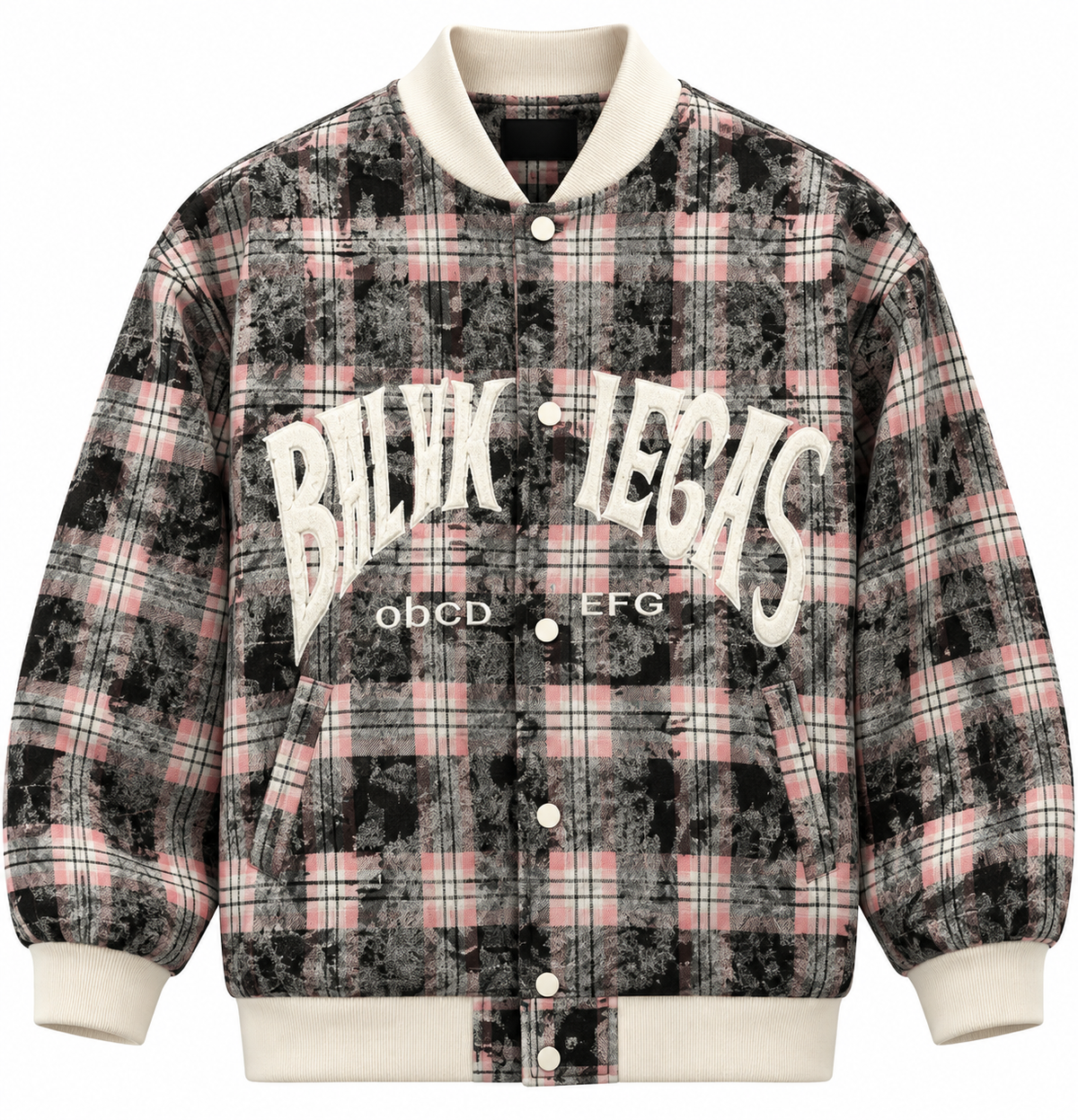 Black, grey, and pink plaid graphic varsity jacket with cream ribbed collar, cuffs, and snap buttons