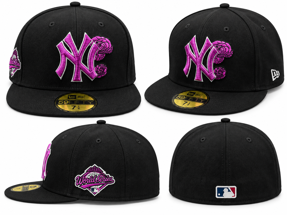 Four views of black flat brim cap with raised pink NY lettering and floral-style front detail