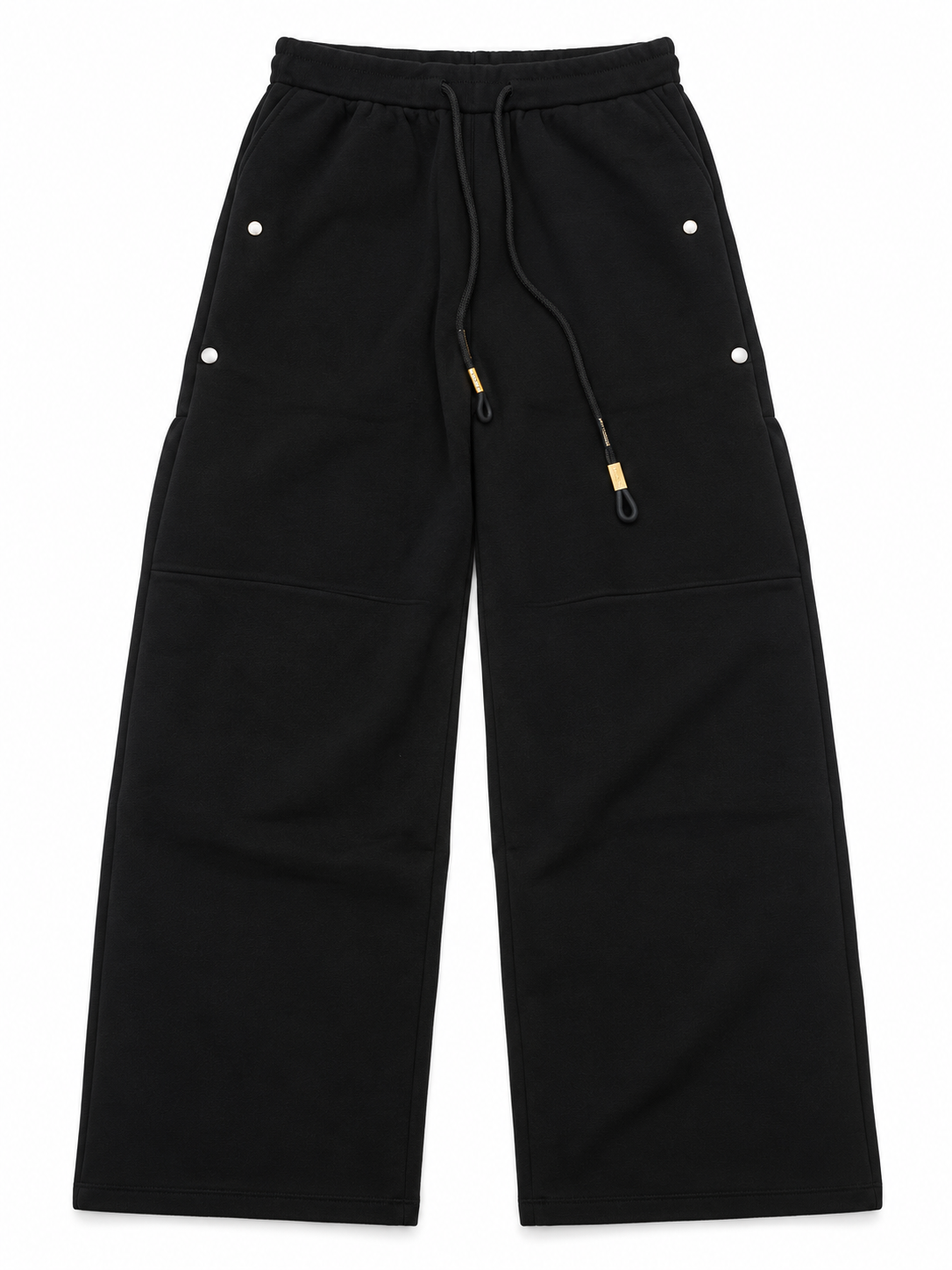 Black wide-leg drawstring pants with panel seams, silver-tone round accents, and gold-tone cord details
