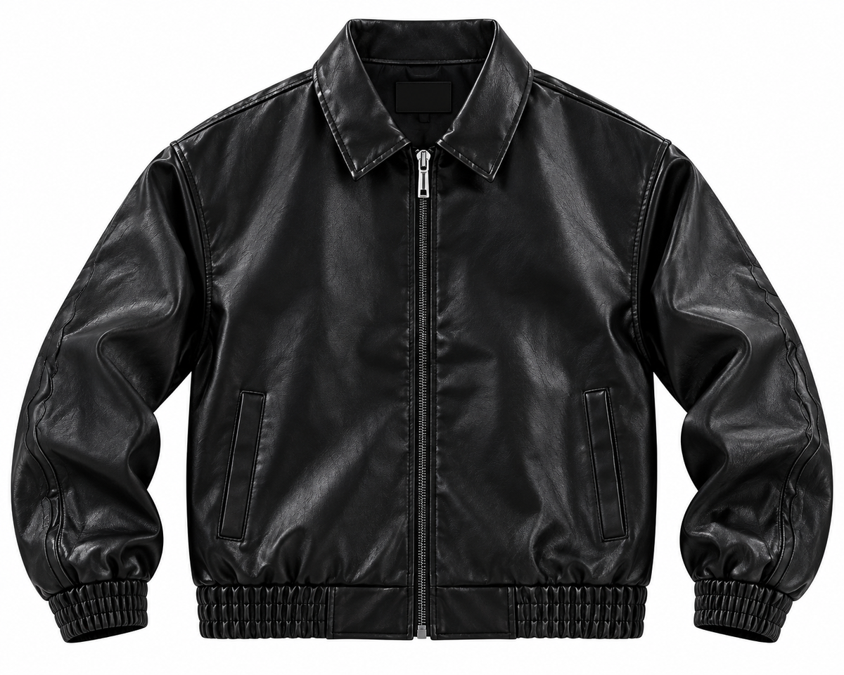 Front view of a black leather-look bomber jacket with a full zip, pointed collar, front pockets, and ribbed cuffs and hem