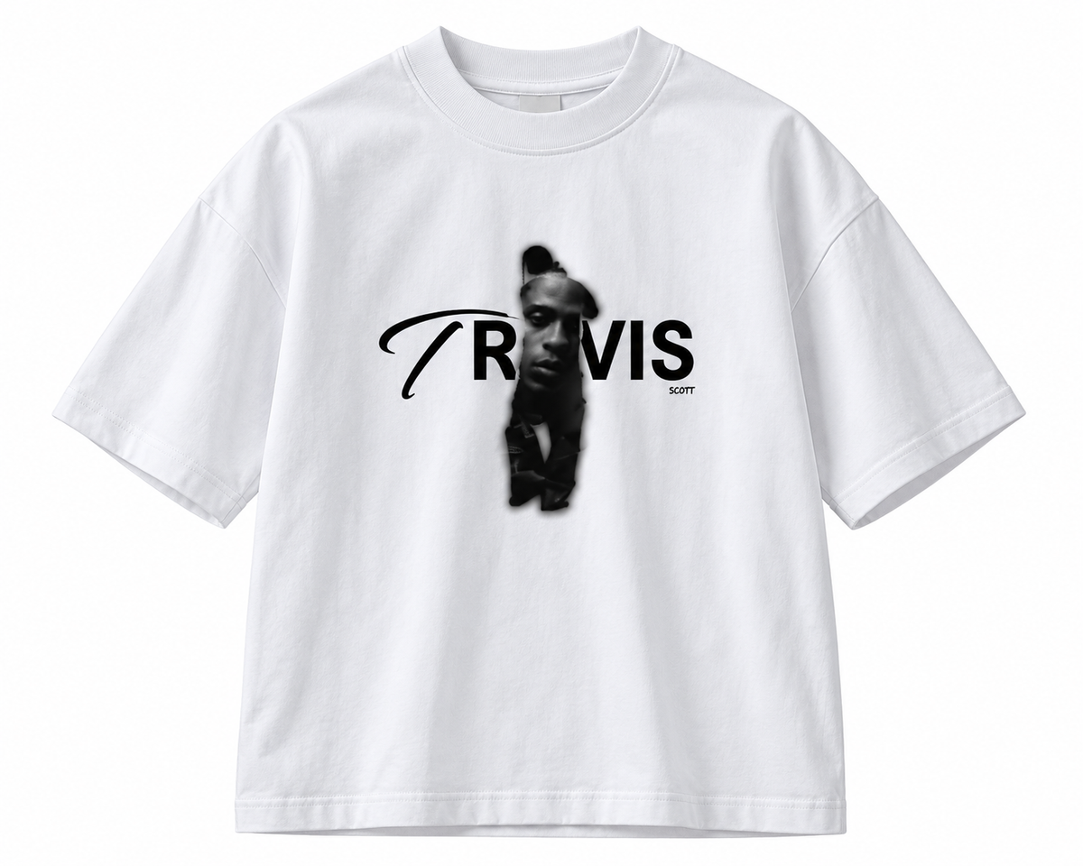 White short-sleeve crew-neck T-shirt with black Travis Scott lettering and portrait graphic on the front