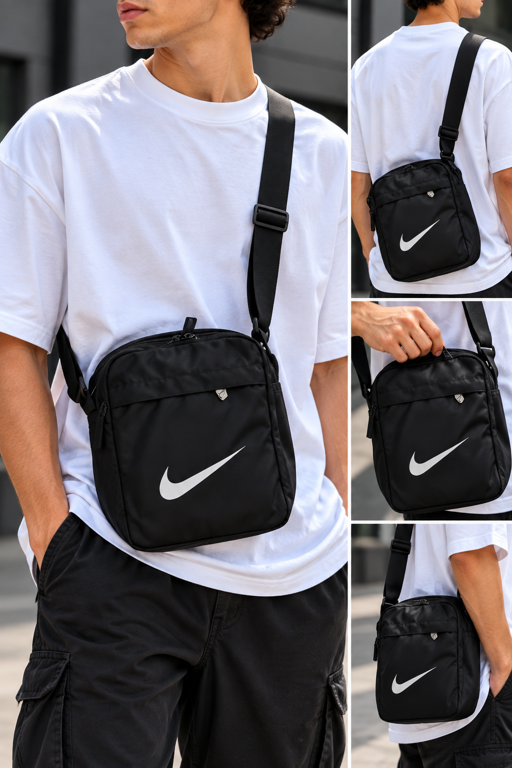 Black crossbody bag with white swoosh-style graphic, front zip pocket and adjustable strap