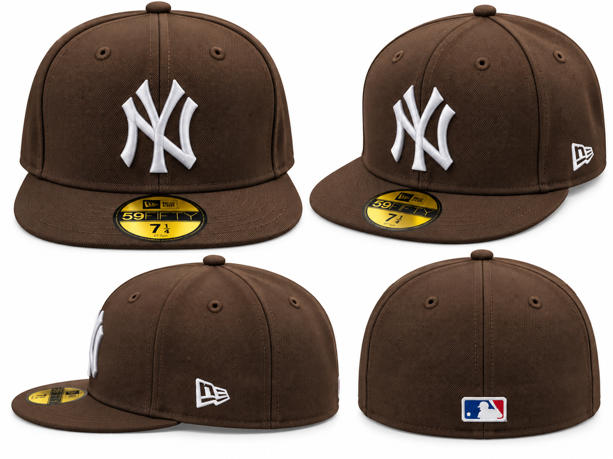 Four views of brown flat brim cap with raised white NY lettering, white side emblem and back patch
