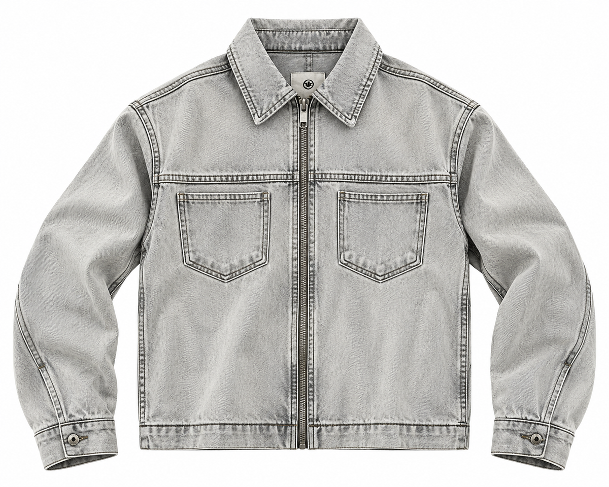 Light-grey zip-up denim jacket with pointed collar, two chest pockets, and button cuffs