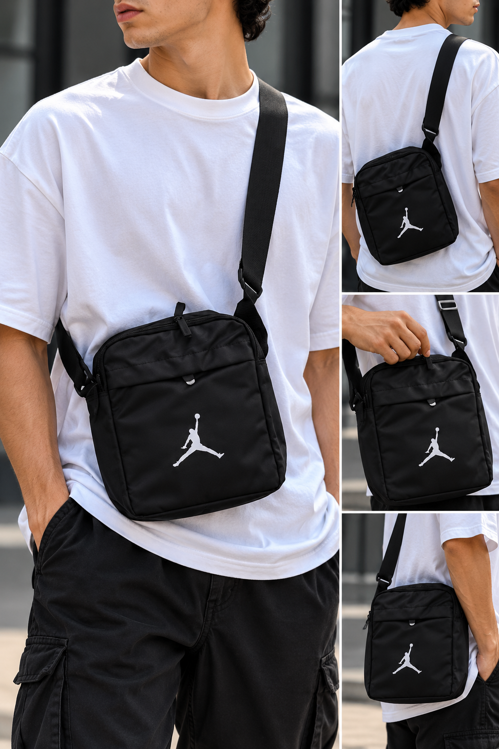 Black rectangular crossbody bag with an adjustable strap, top zip closure, and white Jumpman logo on the front