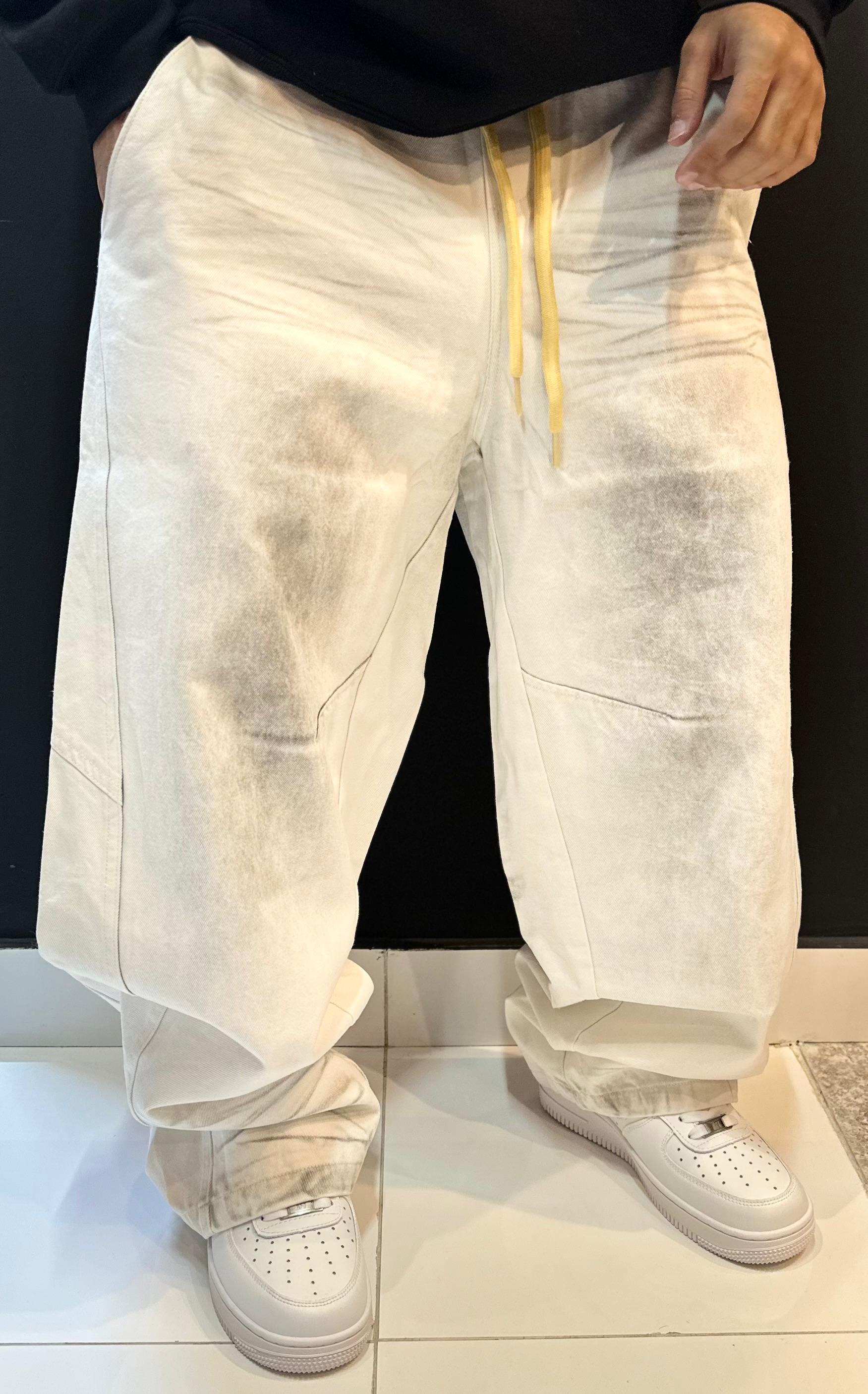 Extremely Baggy White Trousers with Smudged Wash and Contrast Drawstring