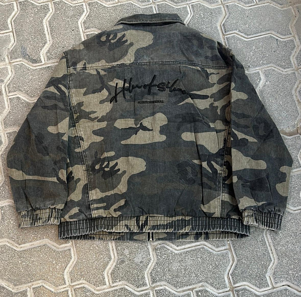 Camo Washed Denim Camouflage Full-Zip Harrington Jacket | Vintage-Style Bomber
