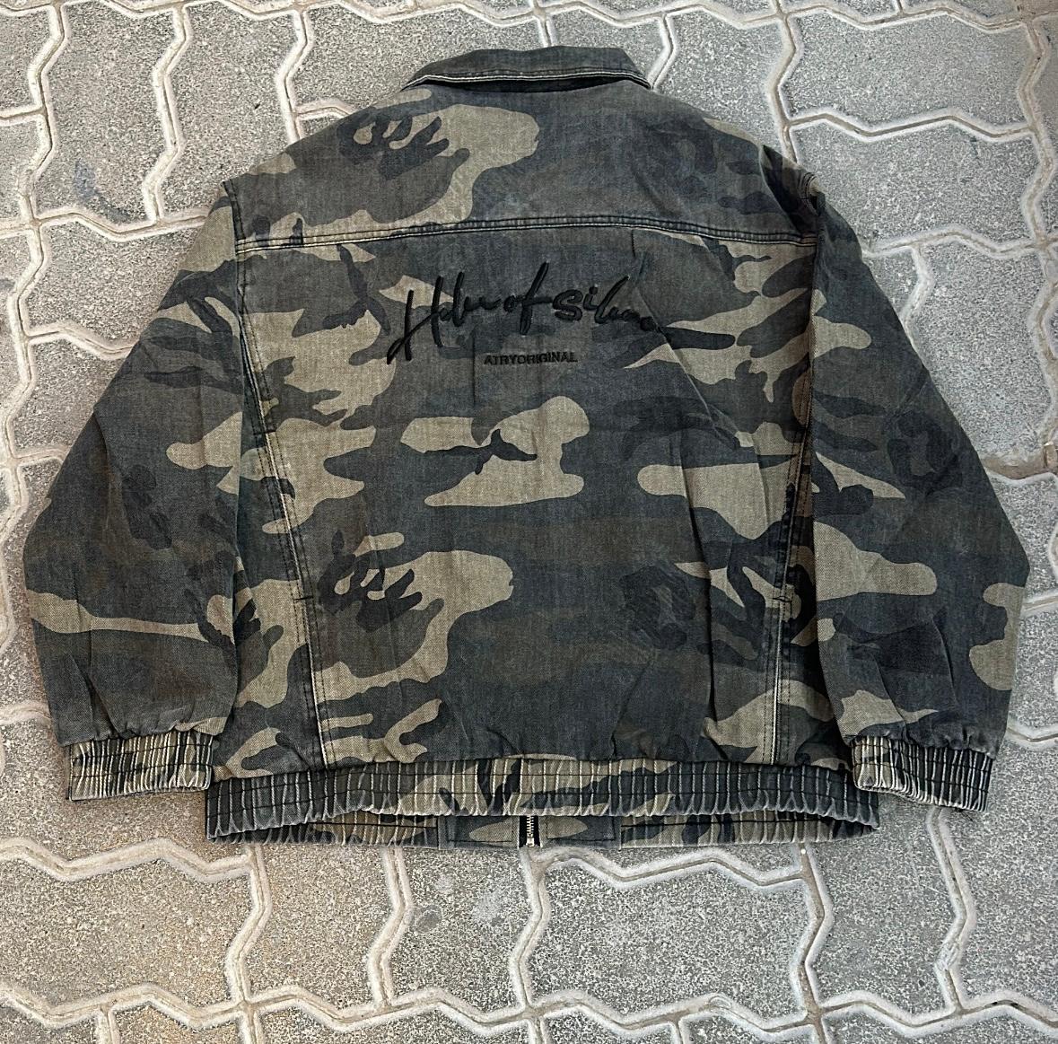 Camo Washed Denim Camouflage Full-Zip Harrington Jacket | Vintage-Style Bomber