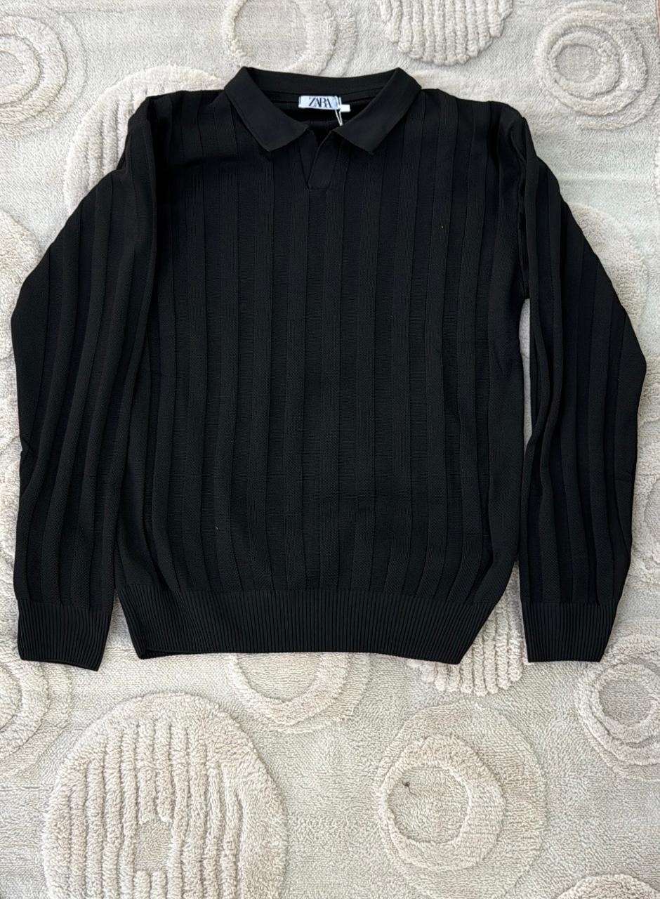 Zara Black Ribbed Knit Popover Polo Sweater | V-Neck Jumper