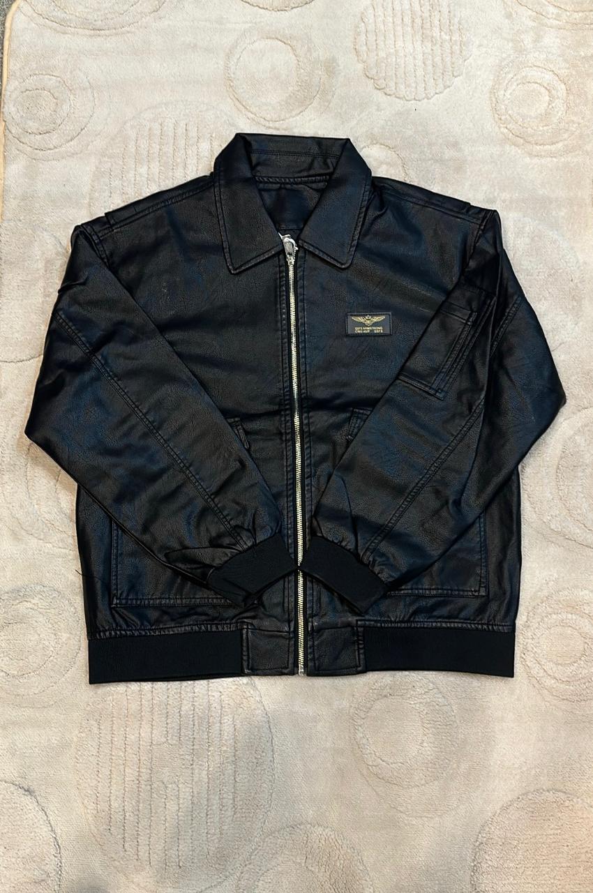 Black Faux Leather Bomber Jacket with Collar