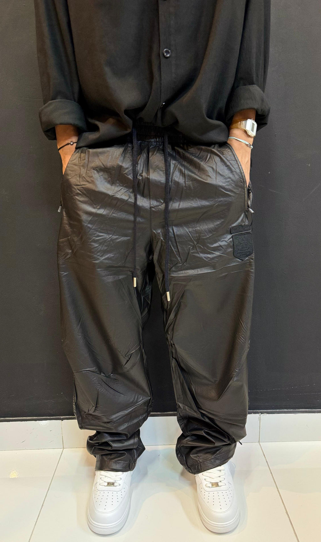 Black Glossy Nylon Track Pants