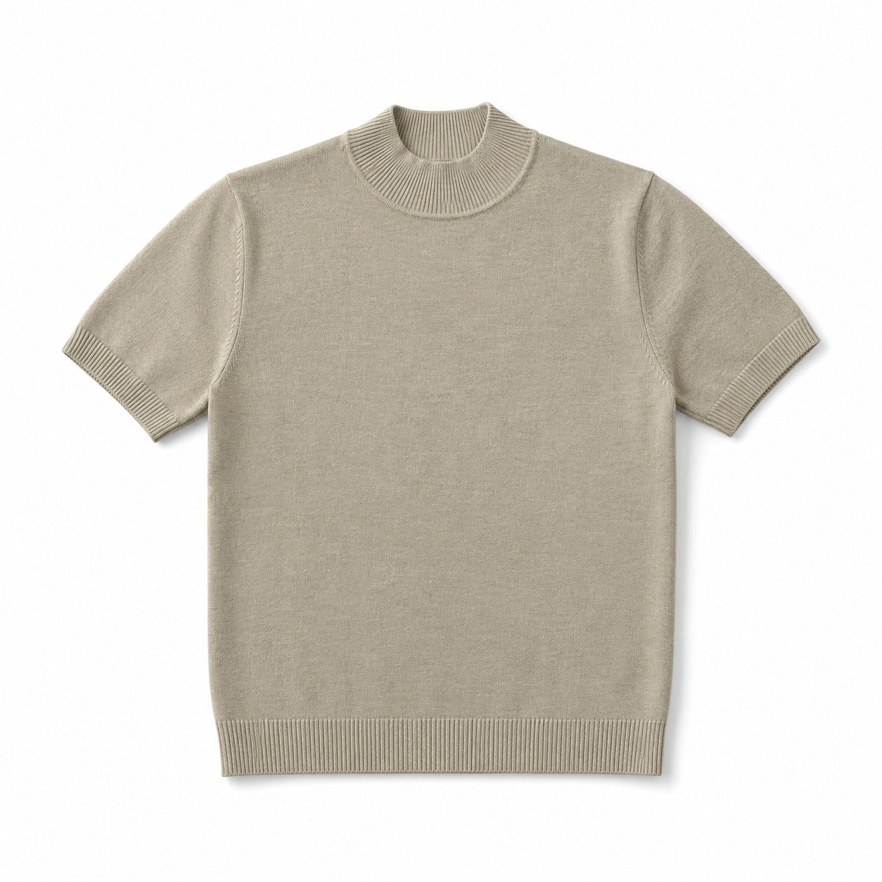 Beige Mock Neck Knit T-Shirt