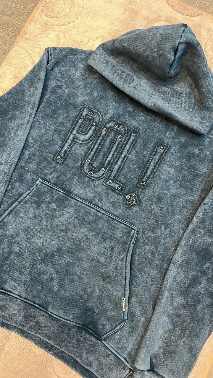 Distressed Teal/Blue POLI! Studded Acid Wash Hoodie Sweatshirt