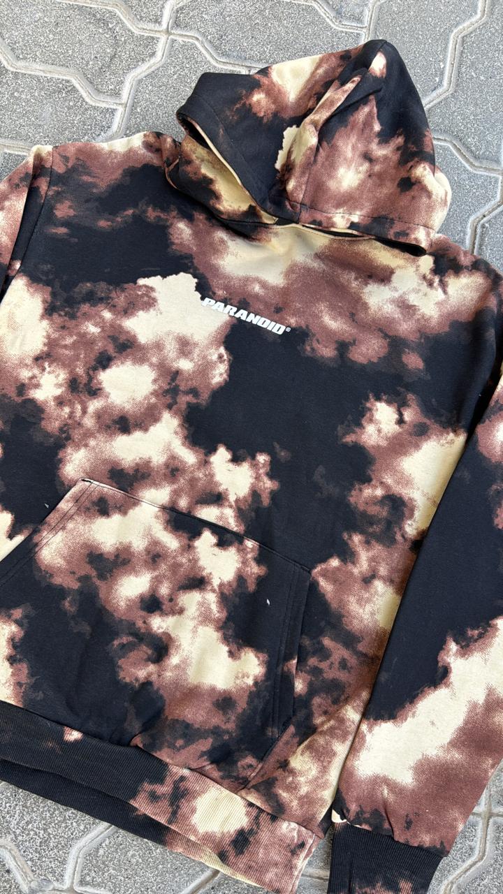 Bleach Tie-Dye Cloud Wash "PARANOID" Hoodie | Earth Tone Brown, Black, and Cream Graphic Sweatshirt