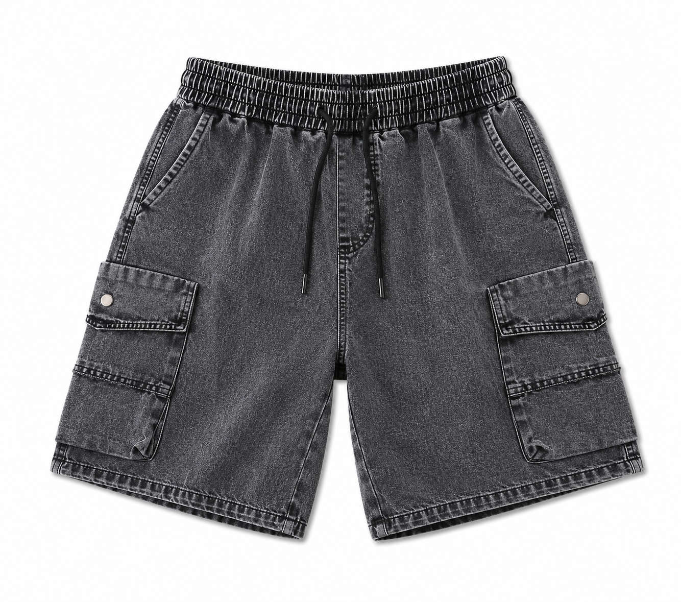 Charcoal Washed Denim Cargo Drawstring Shorts