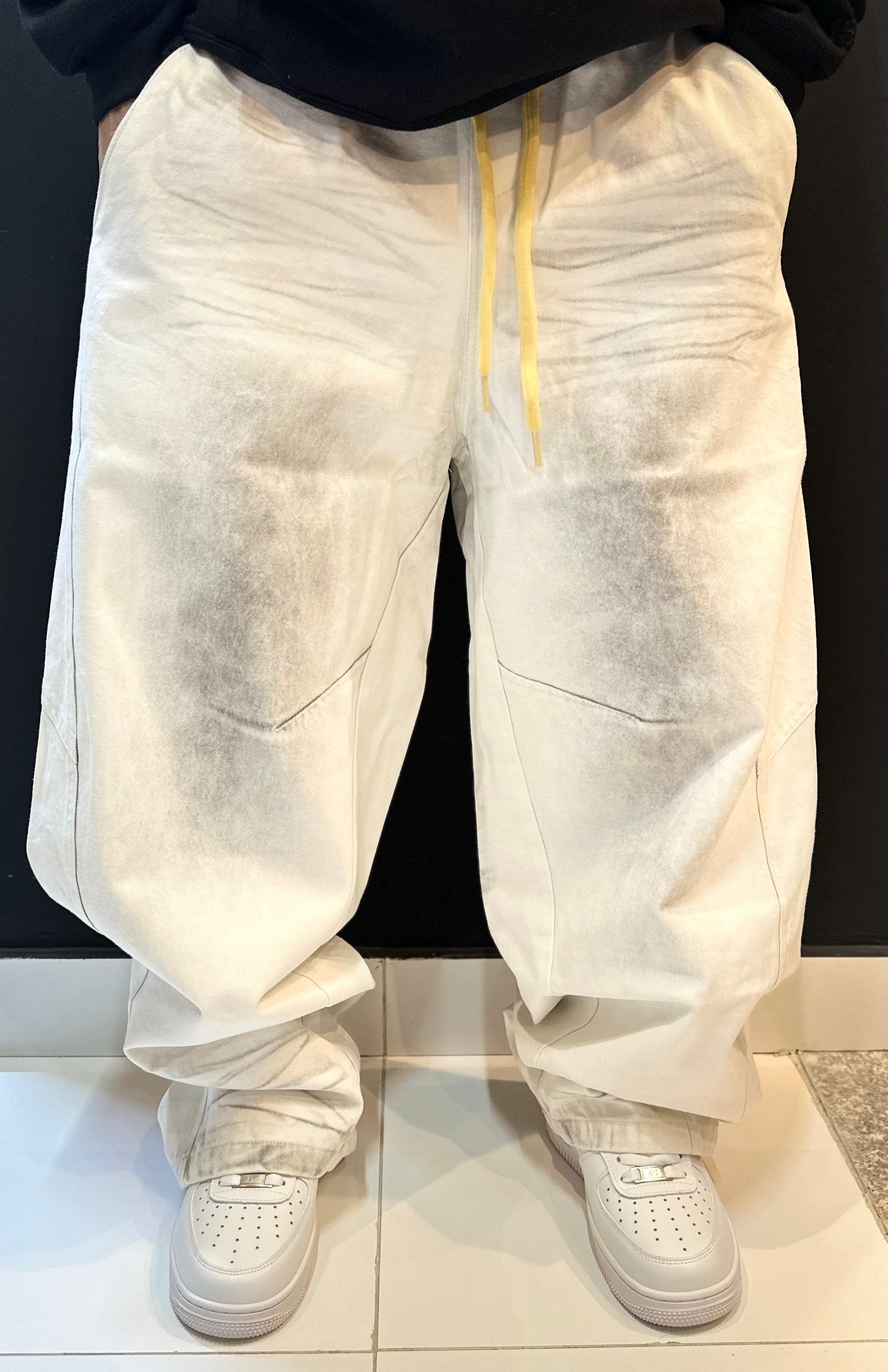 Extremely Baggy White Trousers with Smudged Wash and Contrast Drawstring