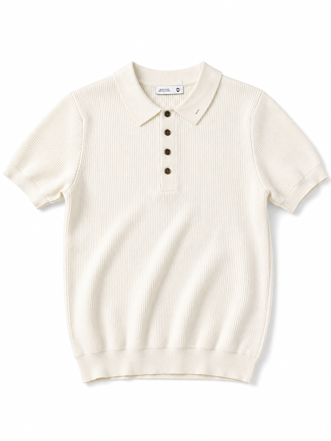 Men’s Cream Ribbed Knit Polo Shirt – Slim Casual Fit