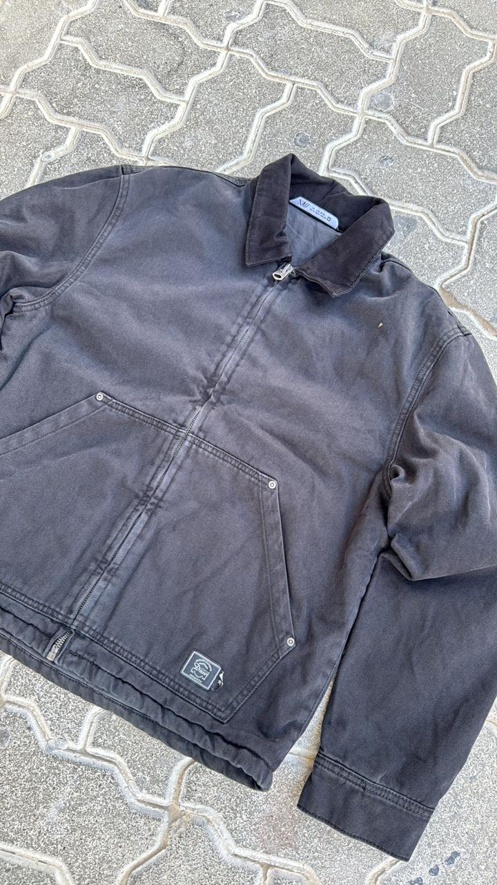 ZARA Vintage Faded Black Canvas Chore Jacket | Dark Corduroy Collar | Full Zip Workwear