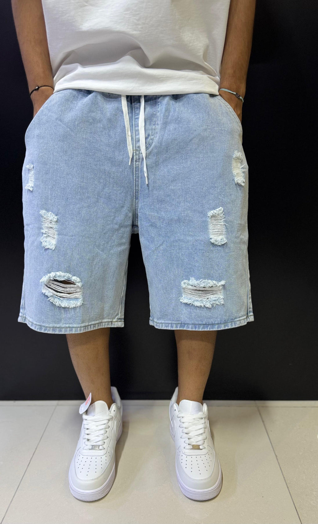 Men's Light Wash Distressed Denim Shorts with Drawstring