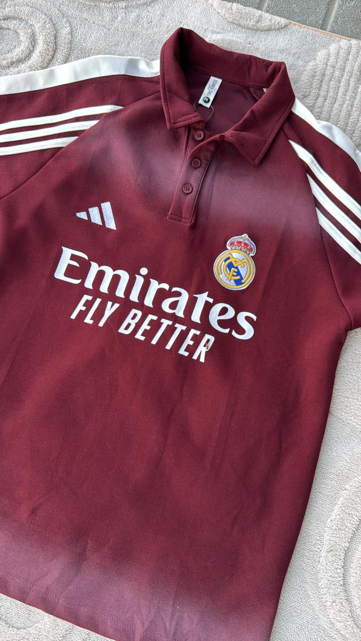 Real Madrid Emirates Fly Better Polo Jersey | Maroon/White Striped Sleeves