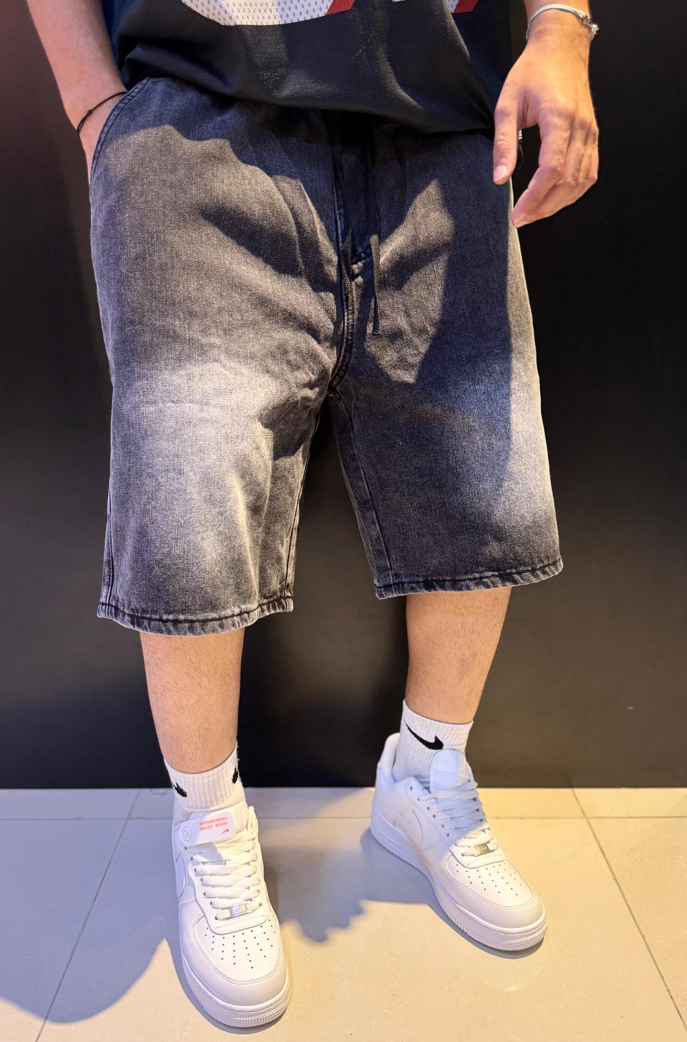 Oversized Washed Black Denim Shorts with Elastic Drawstring Waist