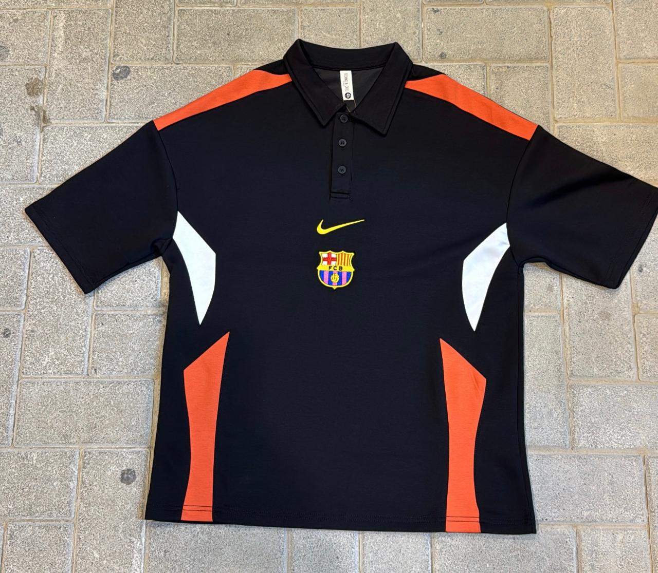 FC Barcelona Nike Oversized Polo Shirt - Black, Orange & White Panel Design