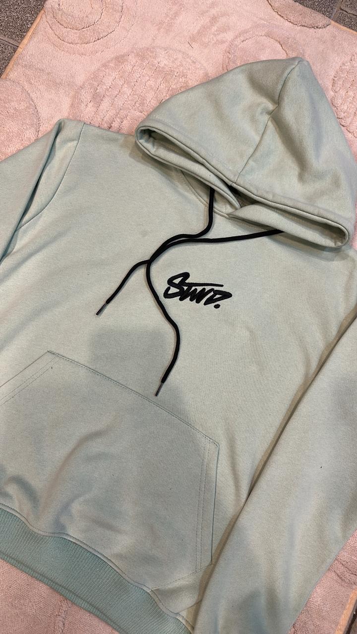 STWD Seafoam Green Hoodie | Pastel Pullover with Black Accent