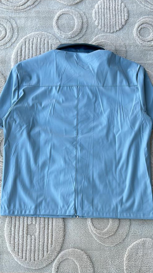 Light Blue Full-Zip Bowling Shirt Style Top | "Bar ekall" Script Graphic with Contrast Collar