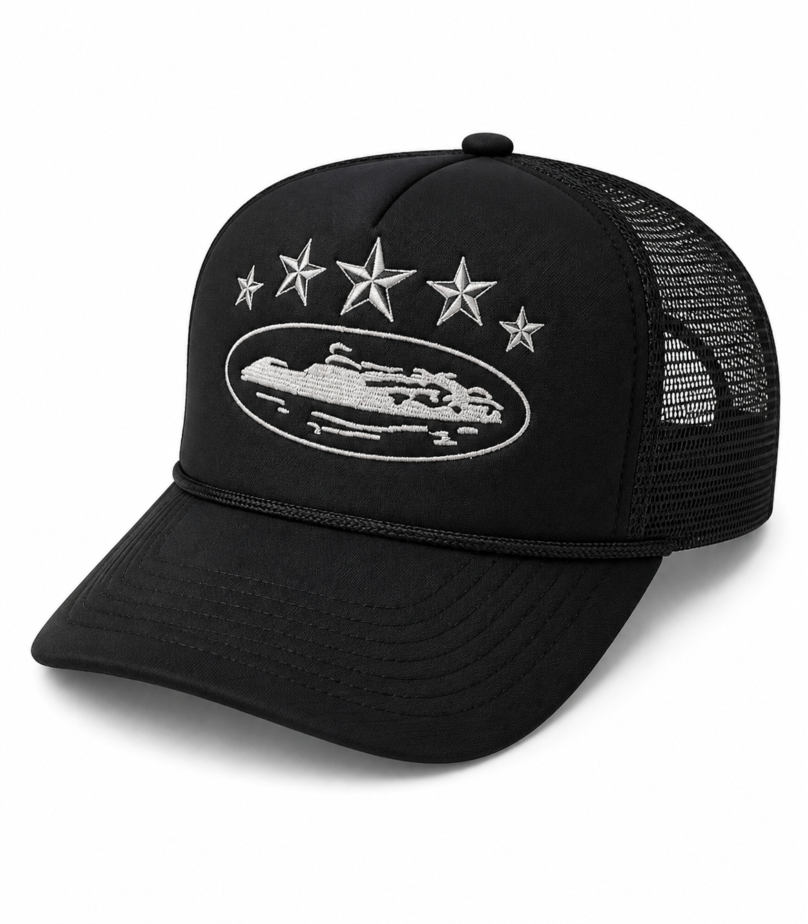 Midnight Yacht Star Embroidered Trucker Cap – Black