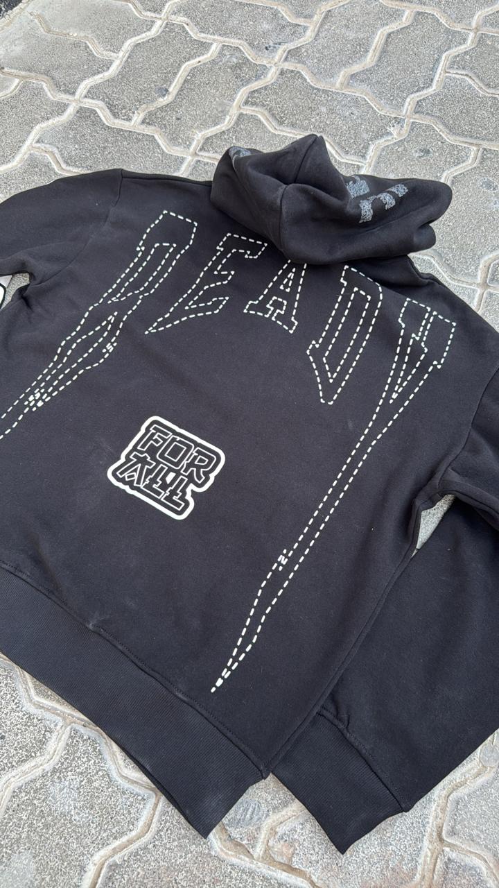 Black Oversized Full-Zip Hoodie | "ALONE" Distressed Hood Graphic | Streetwear Cartoon Print Sleeve