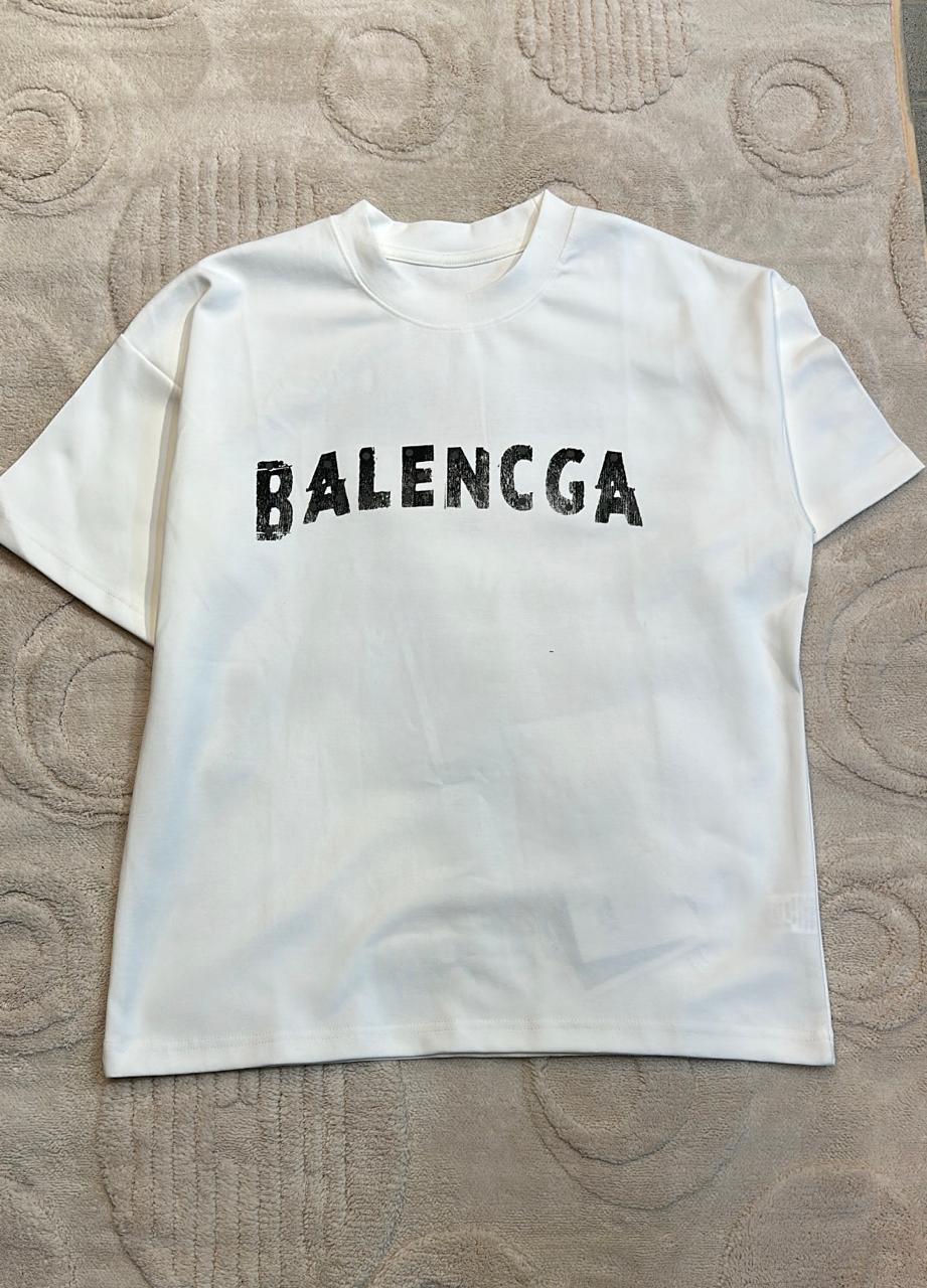 White Oversized T-Shirt with Distressed "BALENCGA" Logo Graphic
