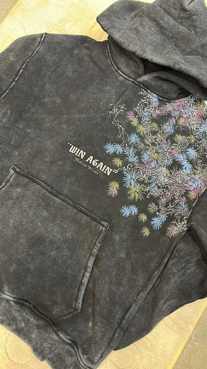 Washed Black Hoodie with "Win Again" Text and Colorful Embroidered Floral Design