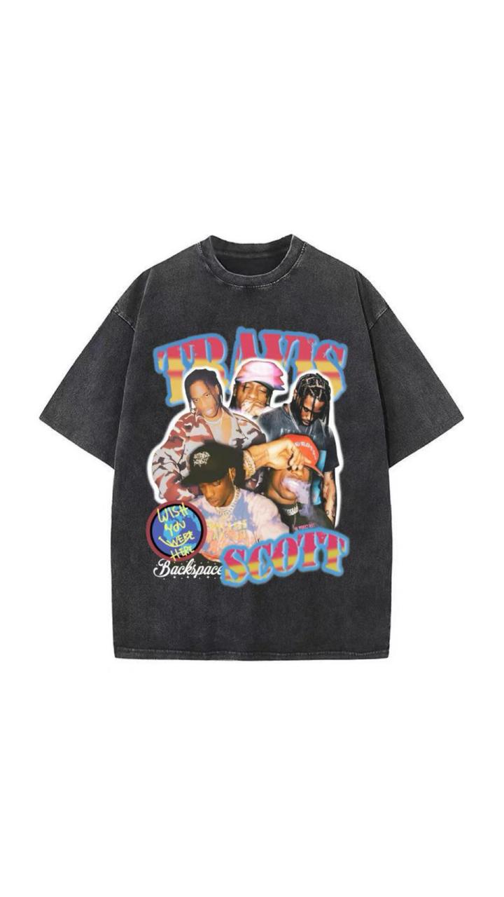 Washed Black Oversized T-Shirt with Travis Scott Collage Graphic