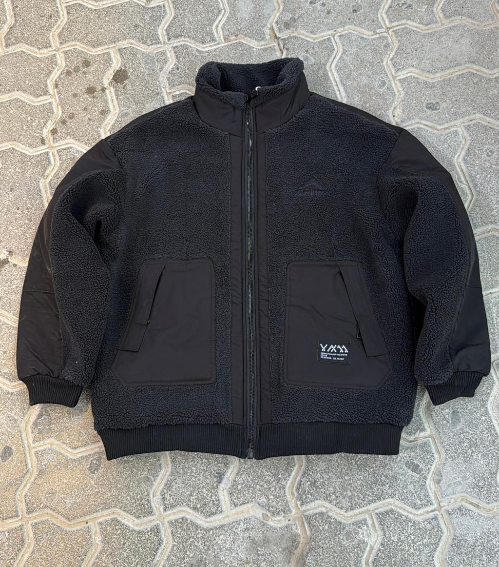 Black Sherpa Fleece Jacket with Utility Patch Pockets