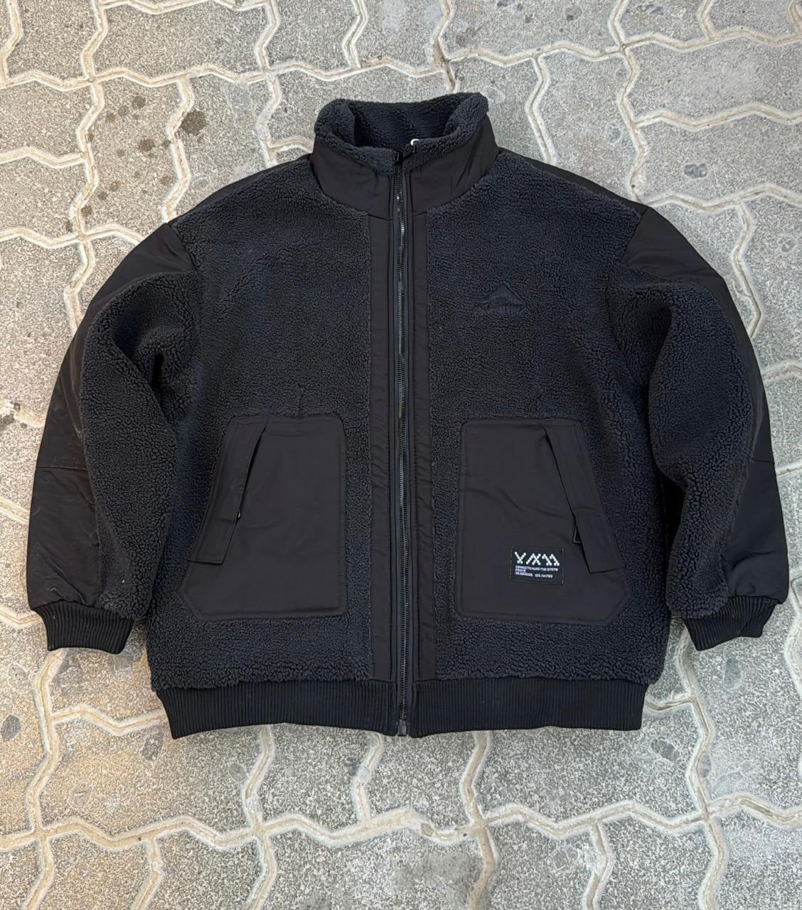 Black Sherpa Fleece Jacket with Utility Patch Pockets