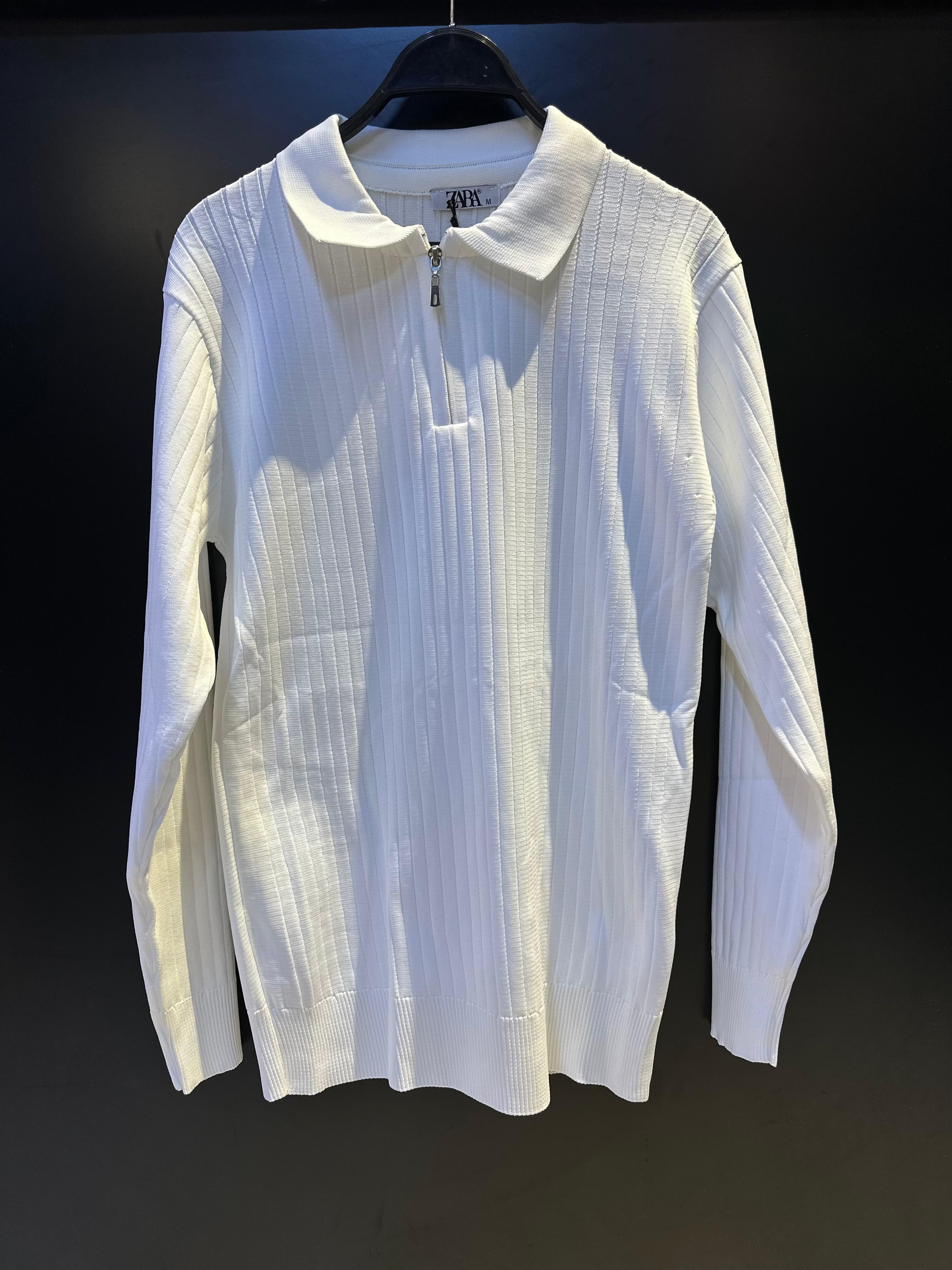 Zara White Ribbed Knit Zip-Up Polo Sweater